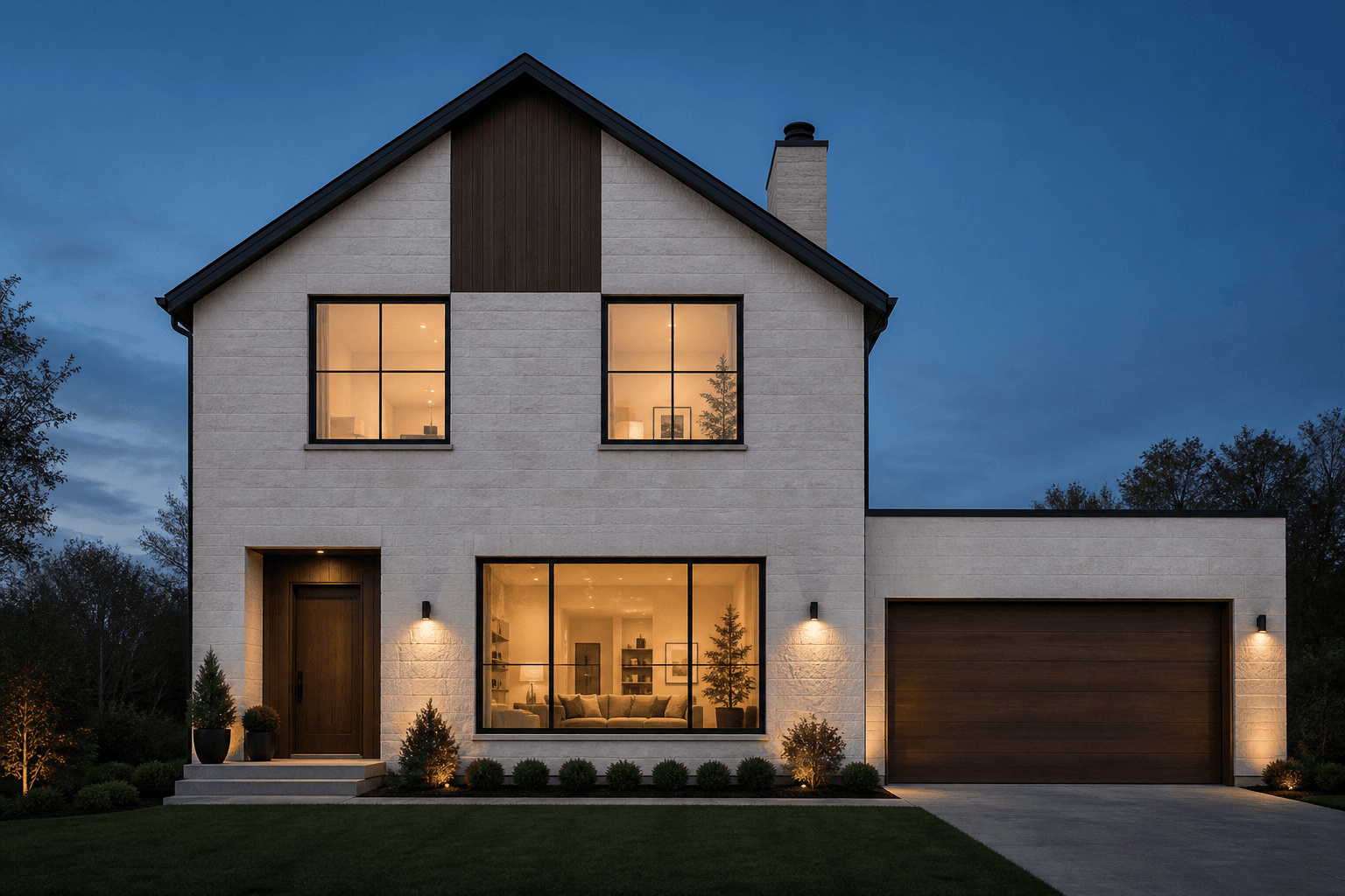 Photorealistic render of the same home at dusk